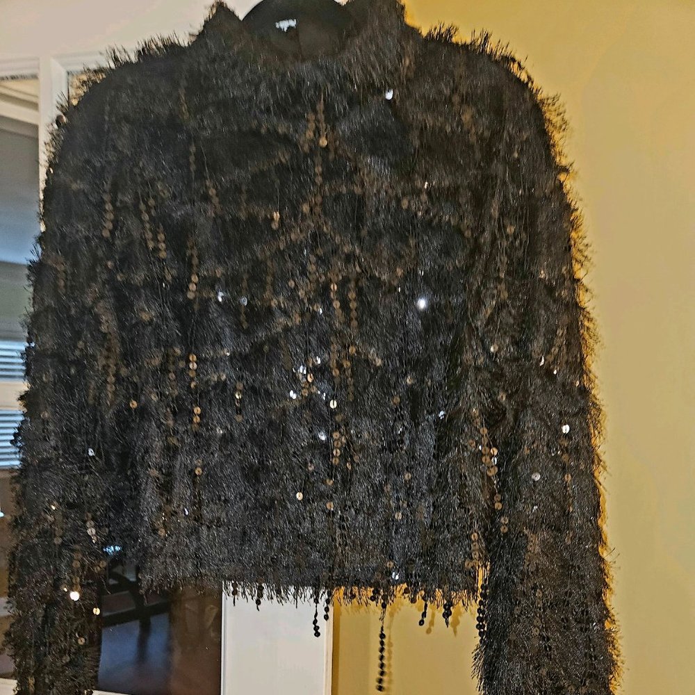 Black Sequin Embellished Long Sleeve Crop